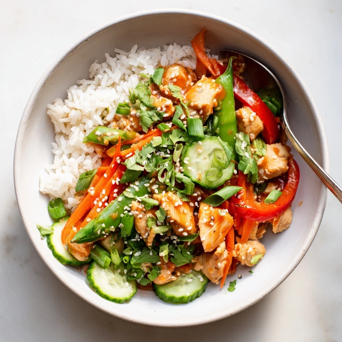 Voyez ce Spicy Lunch Bowl : un bol vibrant avec du poulet, des poivrons et un filet de sauce piquante.