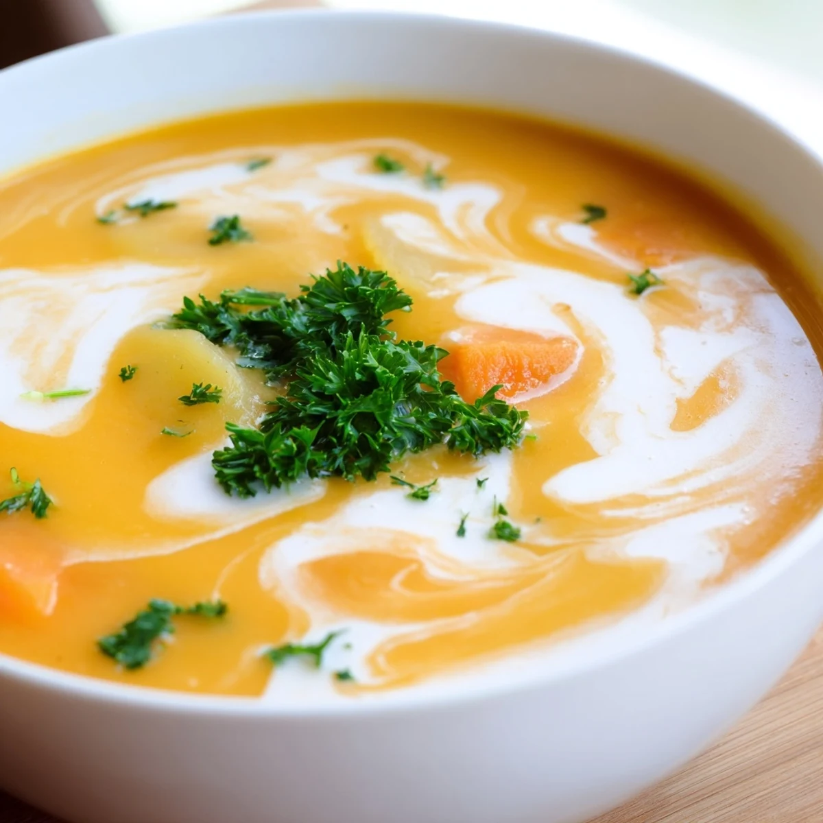 A steaming bowl of Creamy Lunch Soup Bowl garnished with fresh parsley and a swirl of cream.