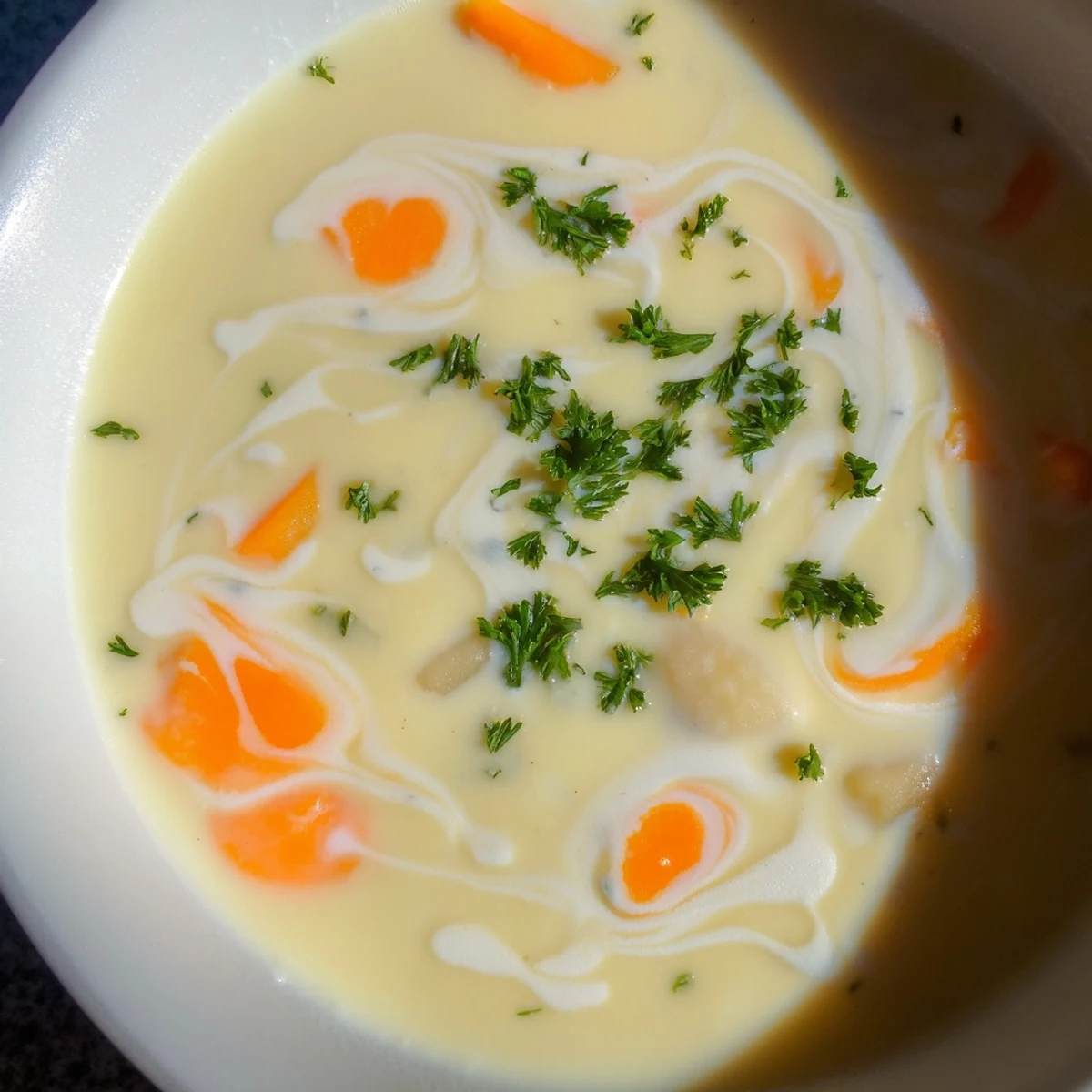 Creamy Lunch Soup Bowl paired with crusty bread and a green salad on a rustic table.