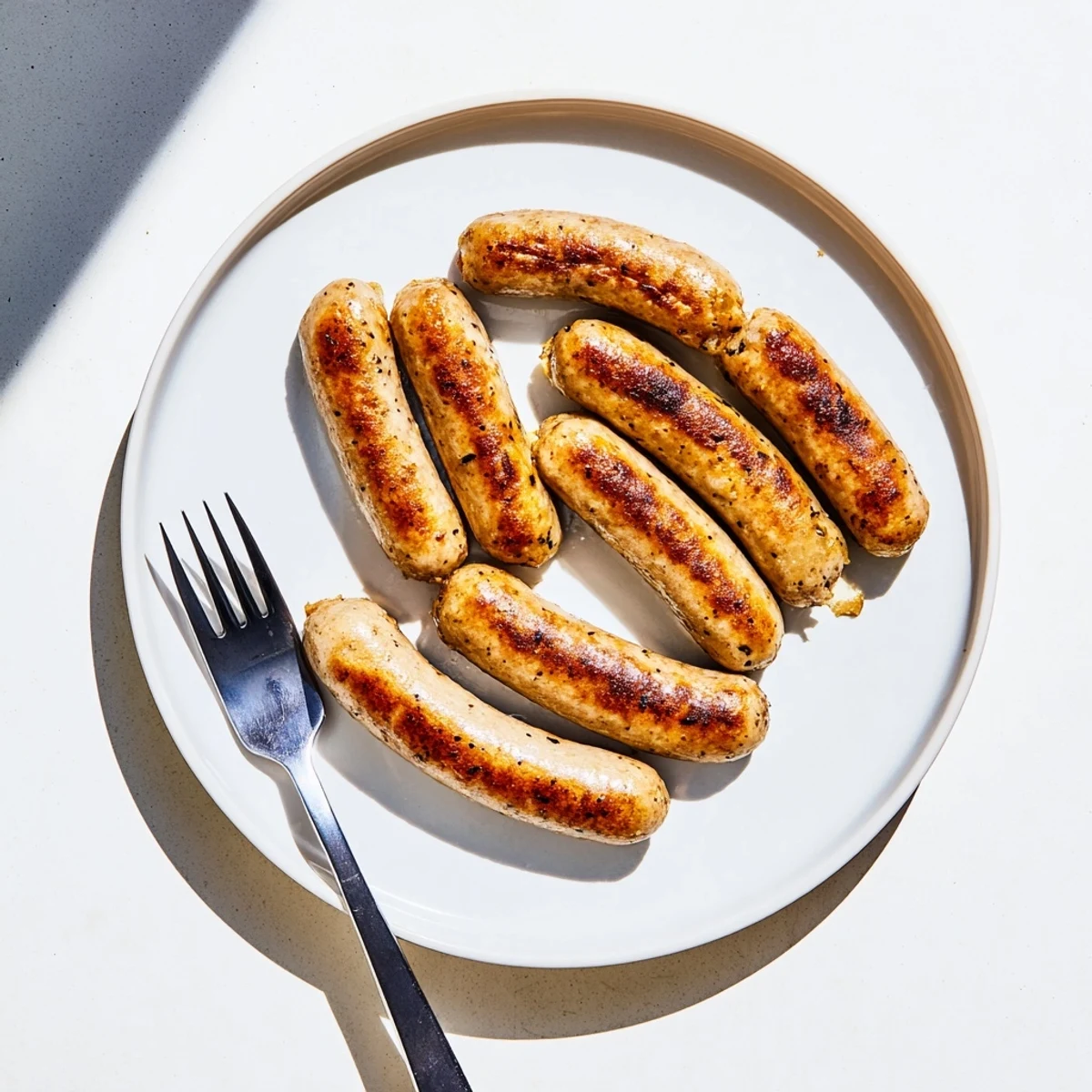 Savory turkey breakfast sausage links sizzling golden brown in a hot skillet, steam rising with the aroma of sage and thyme.
