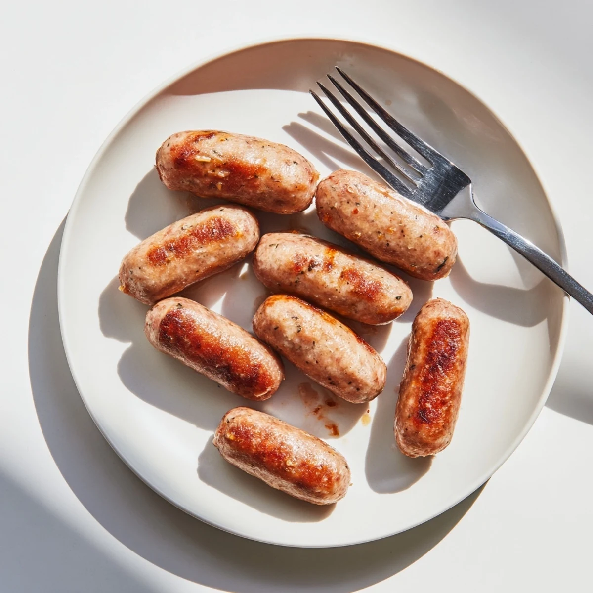 Perfectly cooked turkey breakfast sausage links on a wooden cutting board, garnished with fresh herbs for a rustic morning meal.