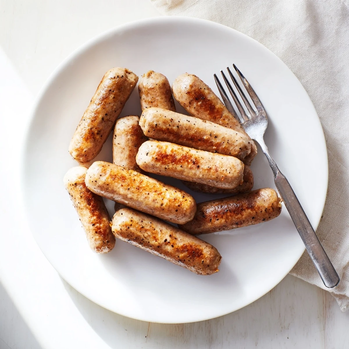 Twelve juicy turkey breakfast sausage links arranged on a white plate, ready for a hearty breakfast alongside scrambled eggs and toast.