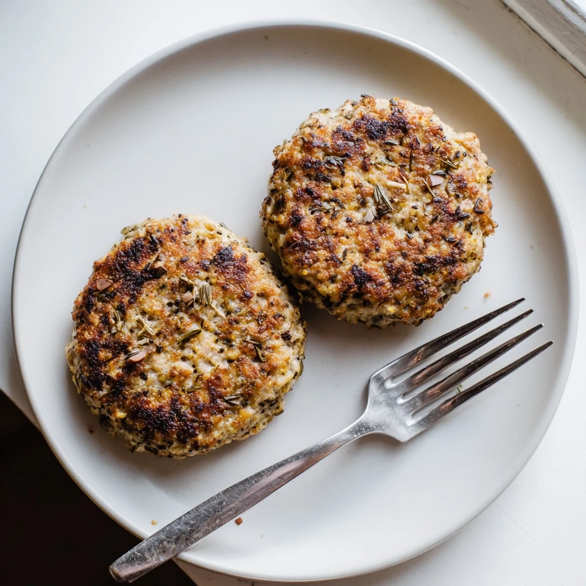 Des galettes de petit-déjeuner au poulet, garnies de tomates cerises et d'herbes fraîches dans une poêle.