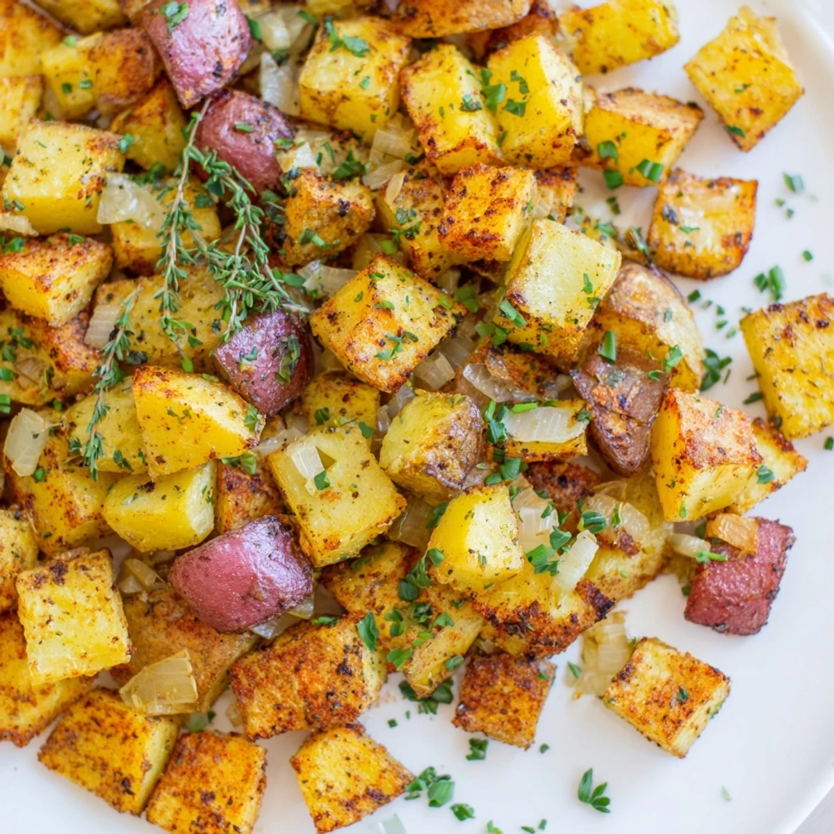 Un tas de pommes de terre dorées et croustillantes, garnies de persil et de ciboulette fraîche sur une plaque de cuisson.