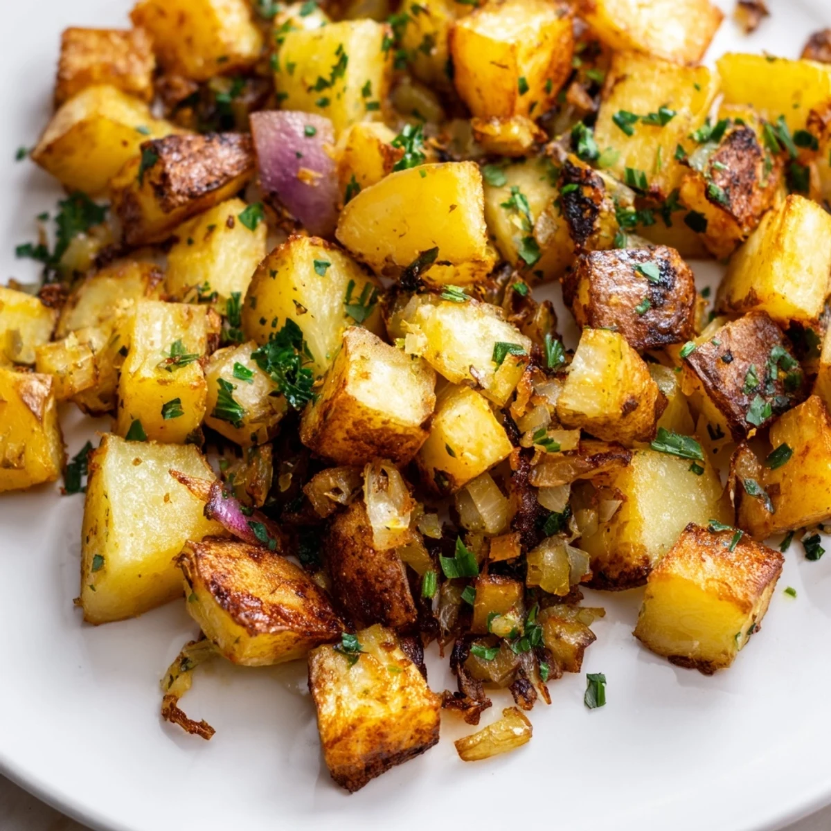 Délicieux pommes de terre rôties au thym et à l'ail, un accompagnement parfait pour un petit-déjeuner savoureux.