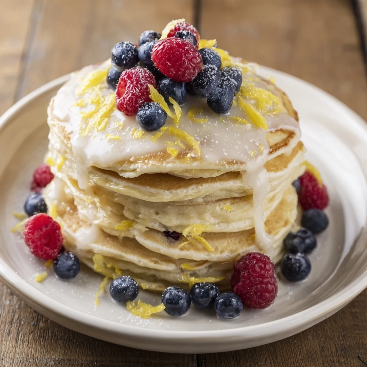 Pile dorée de Lemon Breakfast Pancake Stack, lueurs chatoyantes du zeste citron sur fond de sirop doré.