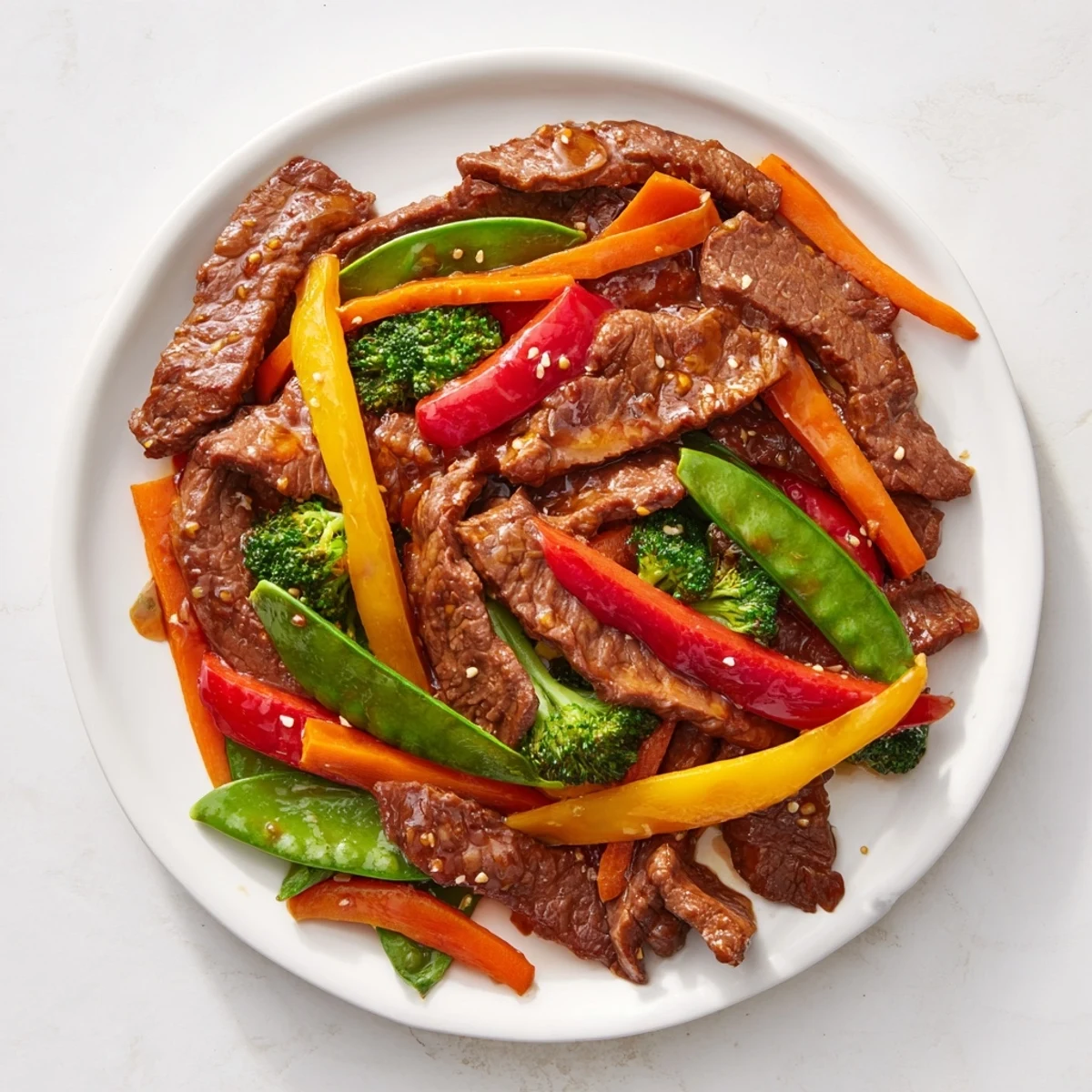 Wok de bœuf épicé avec légumes croquants, saupoudré de graines de sésame et servi sur du riz vapeur pour un dîner rapide.