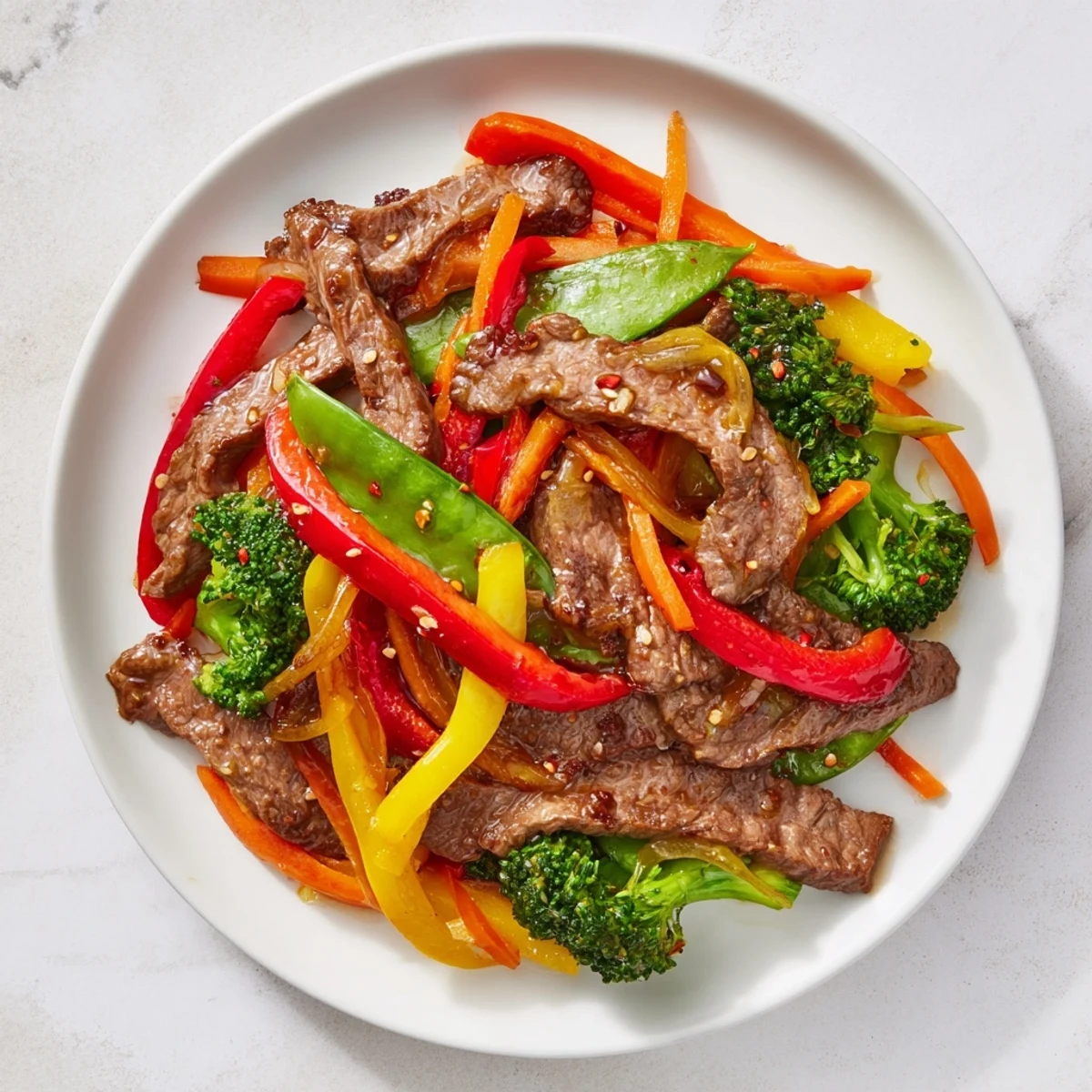 Assiette généreuse de bœuf stir-fry épicé aux poivrons colorés, carottes et brocoli, nappée d'une sauce umami aux reflets brillants.