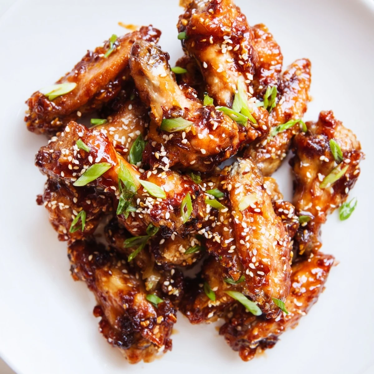 Ailes de poulet au miel et à l’ail bien brillantes, garnies de ciboulette et de graines de sésame.