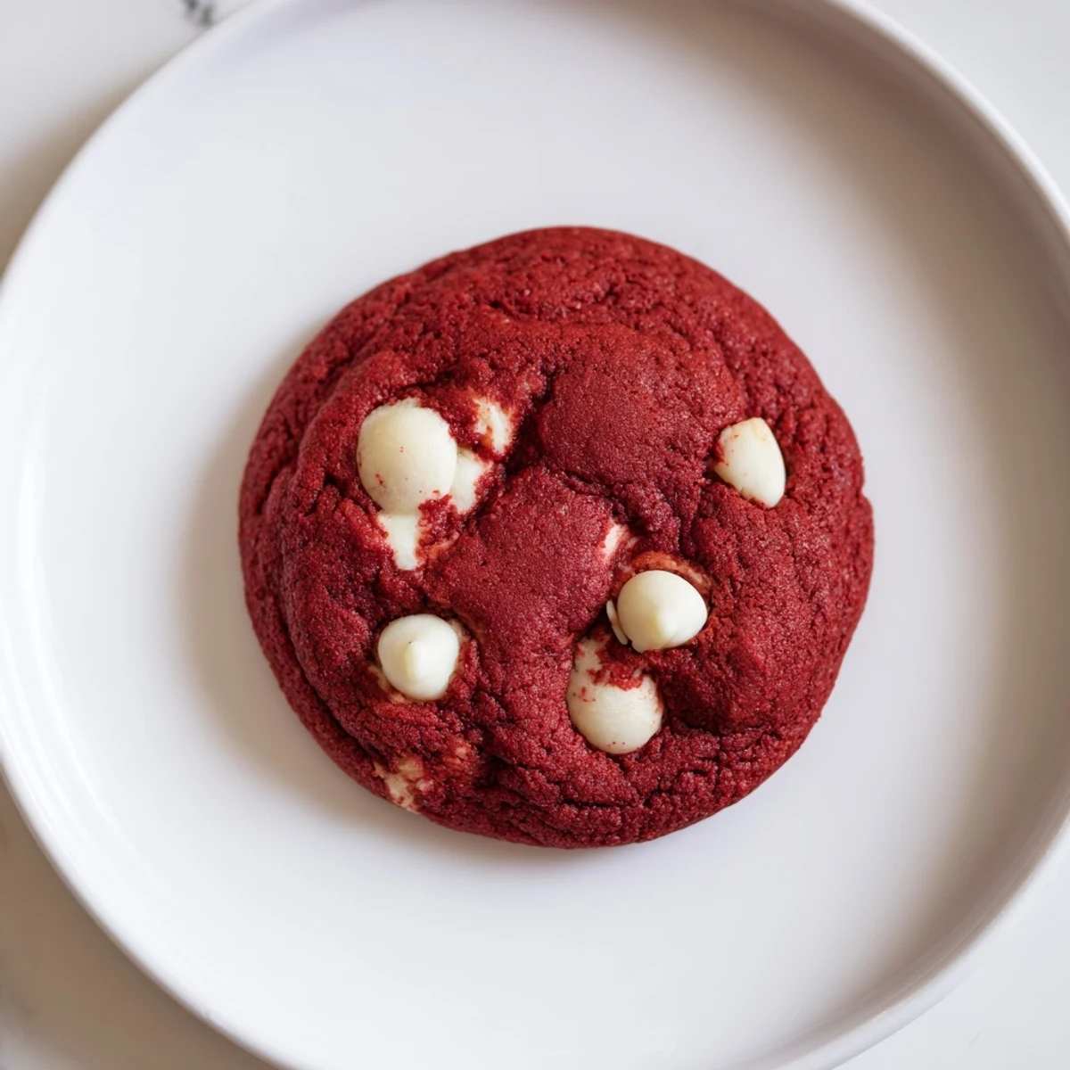Des biscuits rouge velouté avec White Chocolate Chips servis sur un plateau rustique, parfaits pour un goûter confort.