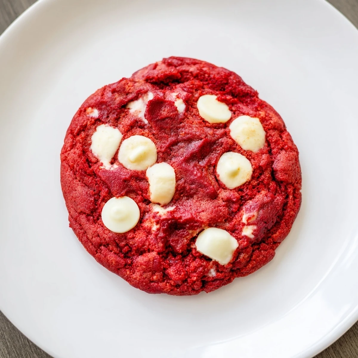 Une bague de cookies Red Velvet avec White Chocolate Chips, encore tiède, croustillante sur les bords et moelleuse à l’intérieur.