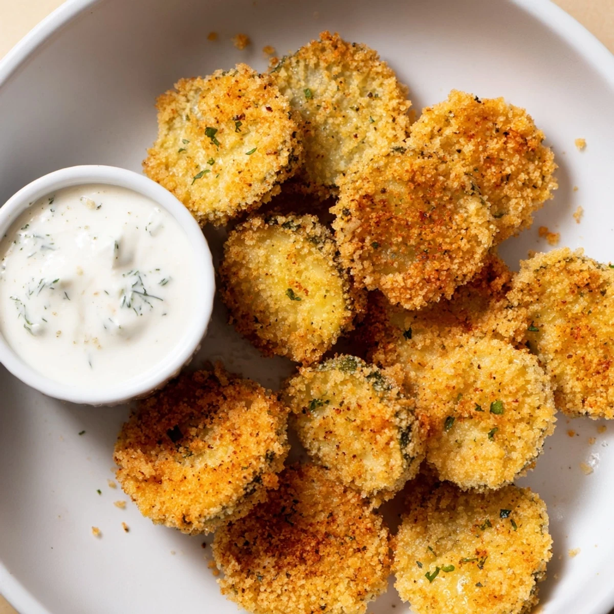 Golden Super Bowl Fried Pickles with Ranch Dip on a platter, ready to enjoy with cold ranch dip.