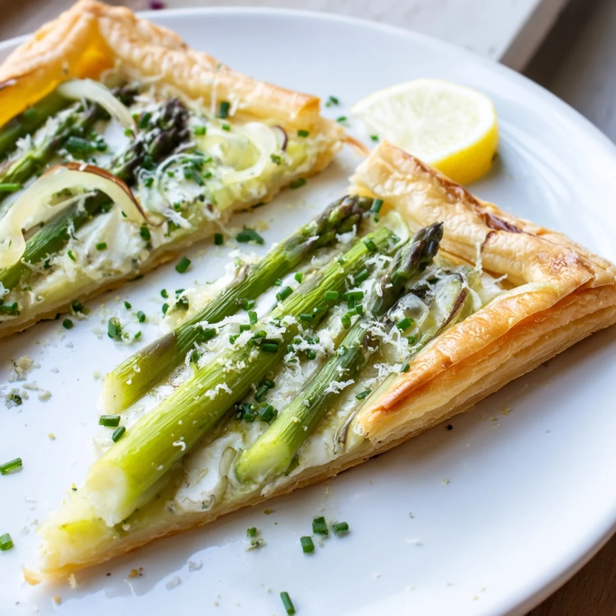 Un joli tart au asperges vertes cuit au four sur une plaque de cuisson, présentée comme un plat d'entrée printanier.