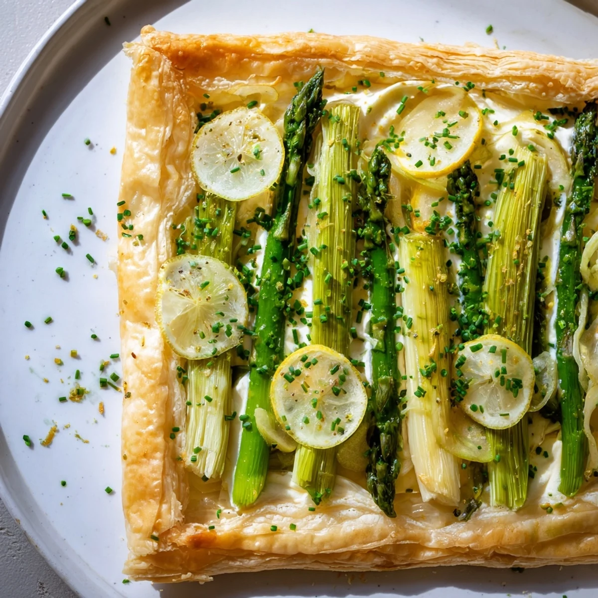 Une assiette d'entrée légère présentant un tart doré aux asperges vertes et du fromage de chèvre, parfait pour le printemps.