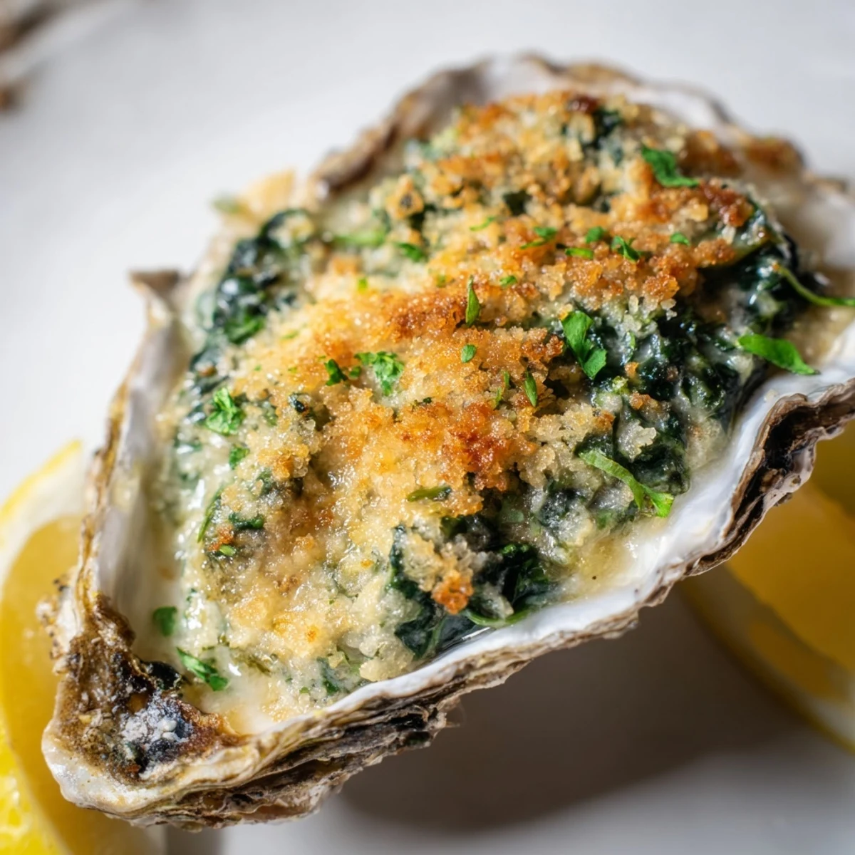 Baked oysters Rockefeller garnis avec des épinards crémeux et des chapelure dorée pour un apéritif romantique.  
