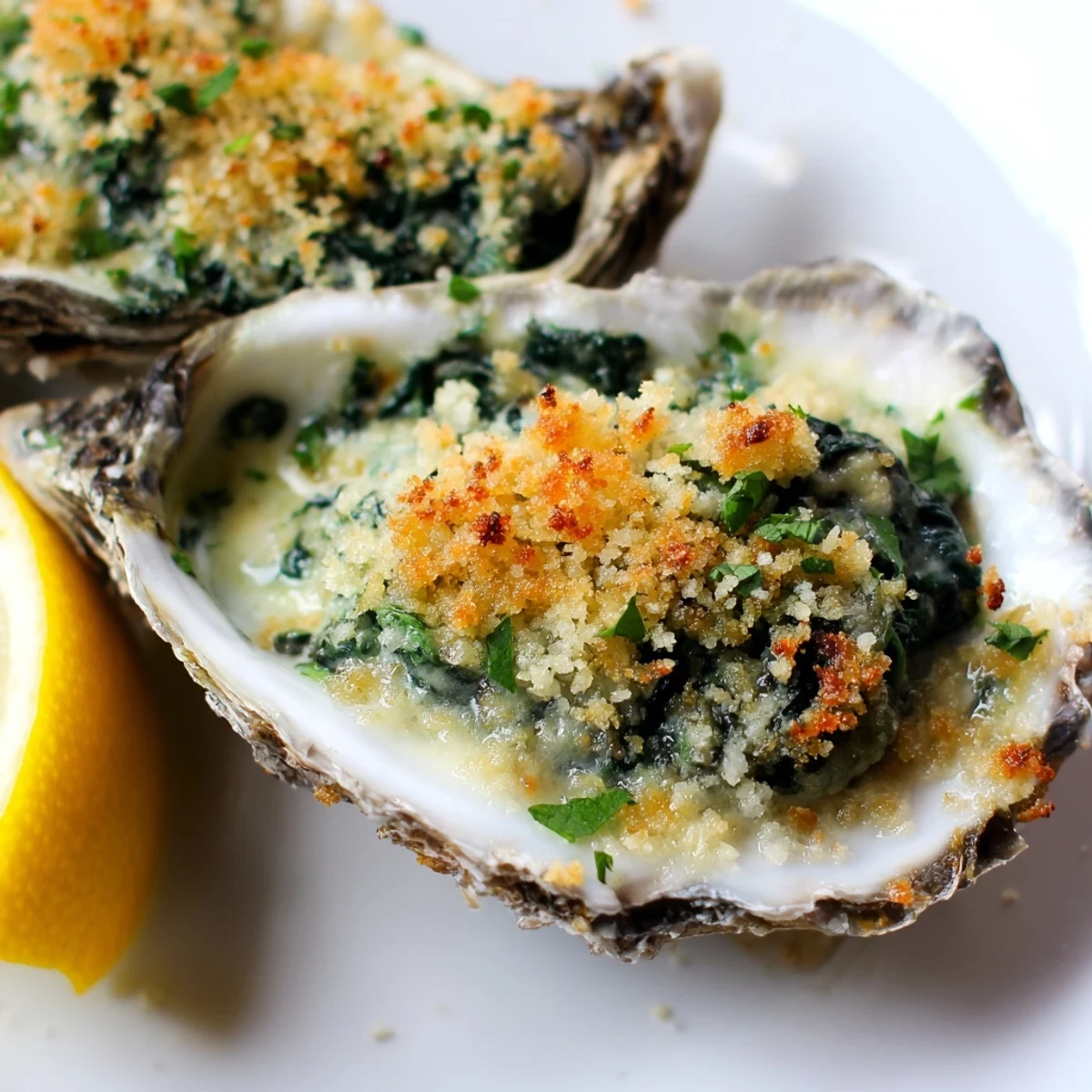 Délicieux oysters Rockefeller au four, servis avec épinards fondants et chapelure croquante pour soirée spéciale.  