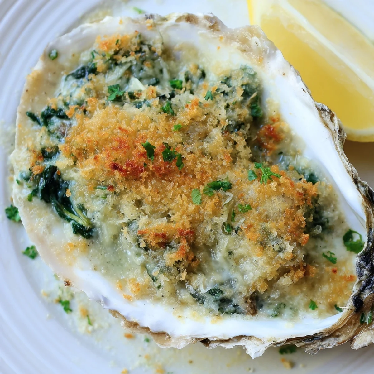 Oysters Rockefeller nappés d’un mélange d'épinards et de fromage, gratinés au four jusqu’à ce qu’ils bullent.