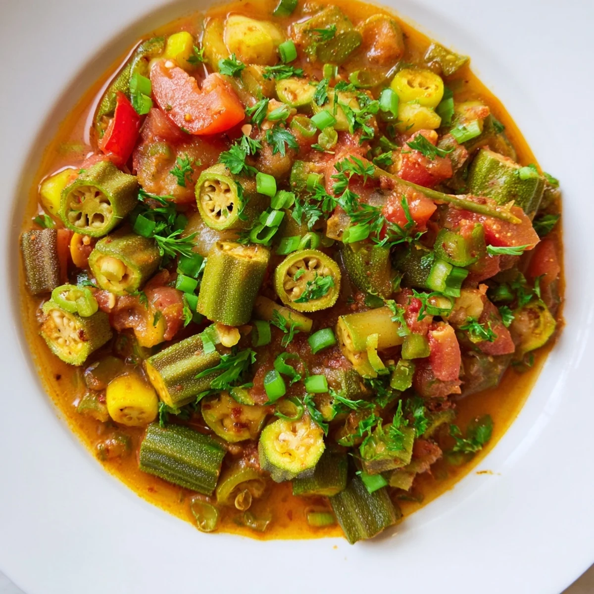 Un bol fumant de légumes créoles gombo aux okras, servi sur du riz blanc, des oignons verts frais et une garniture de persil haché.