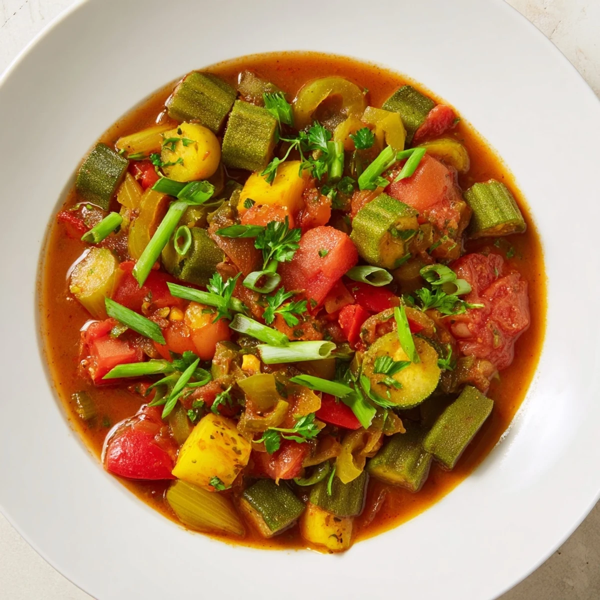A hearty plate of Creole vegetable gumbo with okra, served with cornbread and a spoonful of rice, showcasing a thick, savory stew.