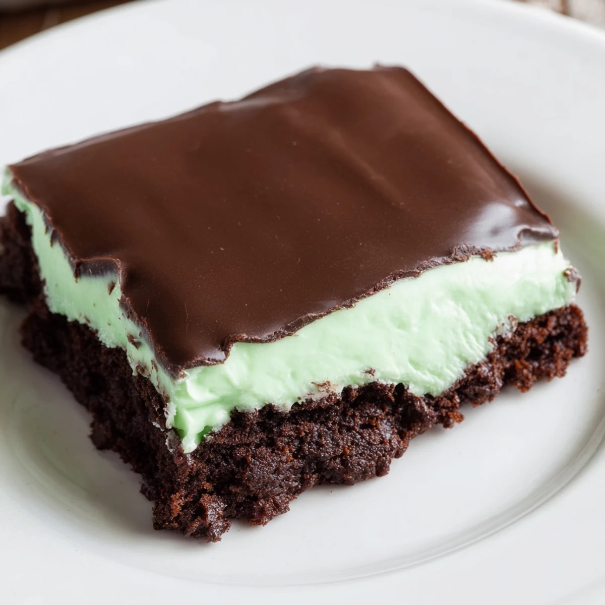 Un bel affichage des brownies à la menthe Shamrock Mint Brownies avec ganache au chocolat soyeux, coupés en carrés.