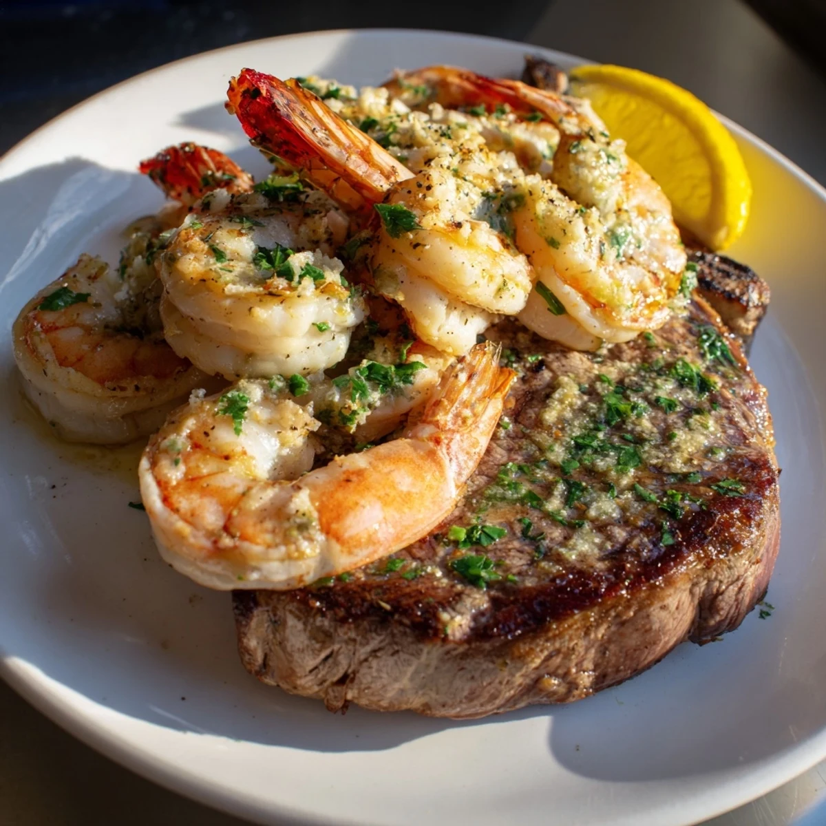 Le plat Date Night Surf and Turf Steak and Shrimp, présentant un steak grillé juteux et des crevettes nappées de sauce aillée.