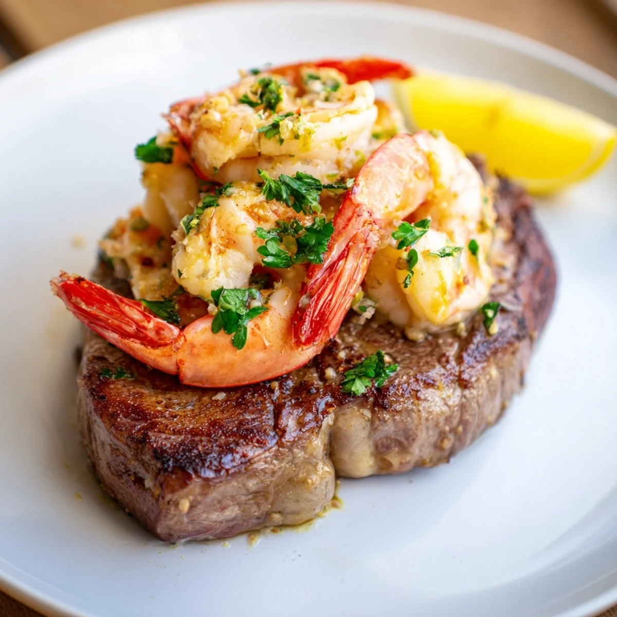 Un repas Date Night Surf and Turf Steak and Shrimp, avec du bœuf tendre et des crevettes au beurre, servis avec du citron.