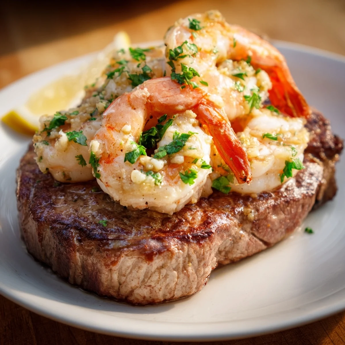 Sur la table, le Date Night Surf and Turf Steak and Shrimp combine une viande dorée et des crustacés roses, une odeur d'ail.