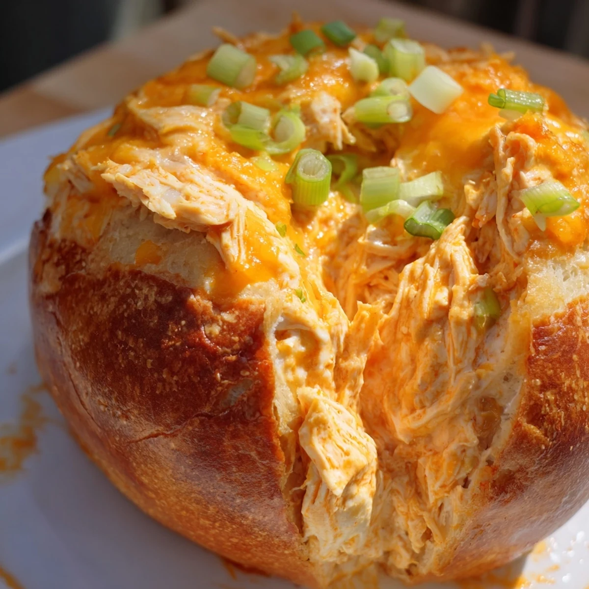 Un bol de pain croustillant rempli d'un mélange crémeux de poulet au buffalo, servi avec des bâtonnets de céleri et de carotte.  