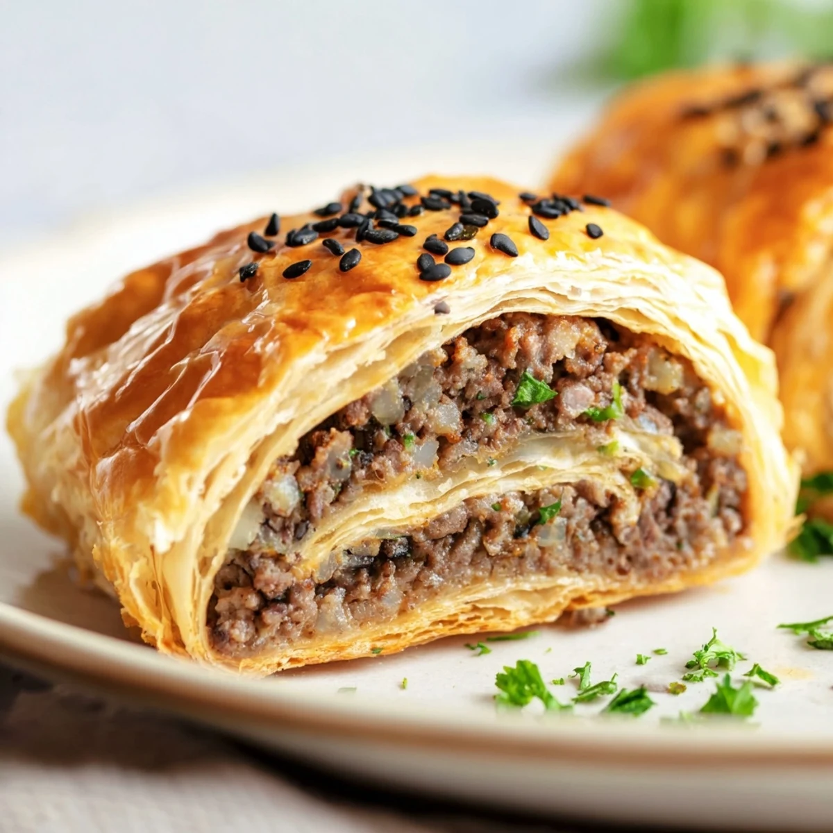 Golden, oven-baked Game Day Sausage Rolls resting on a tray, filled with savory beef and aromatic herbs.