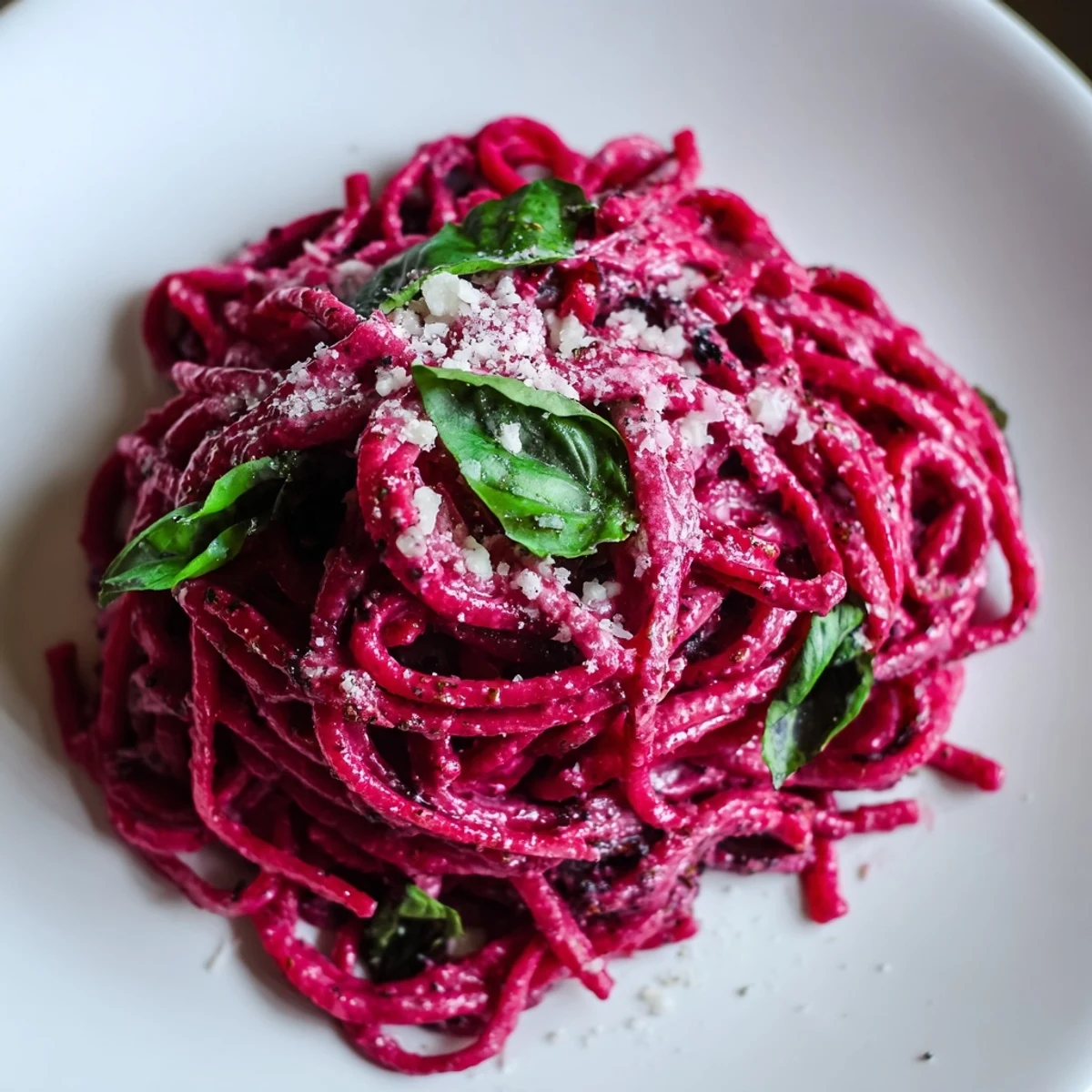 Pâtes roses de la Saint-Valentin enrobées d'une sauce crémeuse aux betteraves, avec un zeste de citron et du basilic.