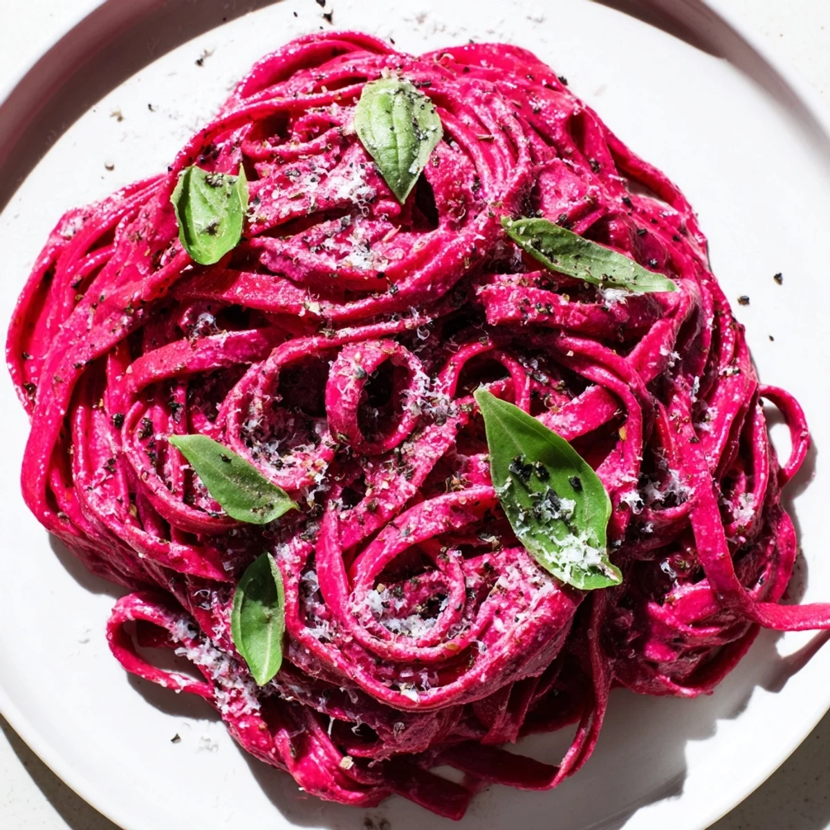 Assiettes de Valentine Pink Pasta avec une sauce crémeuse aux betteraves, saupoudrées de parmesan et de basilic frais.