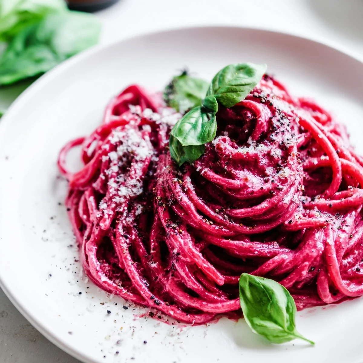 Valentine Pink Pasta fumantes dans une sauce veloutée à la betterave, prêtes à être dégustées avec du parmesan râpé.