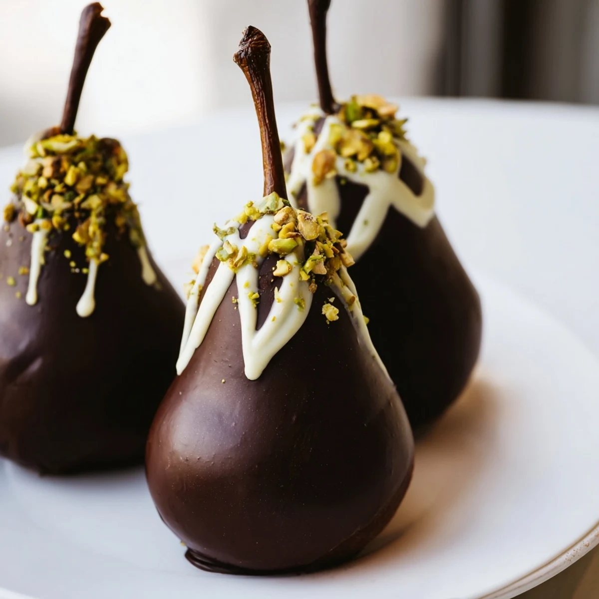 Romantic Chocolate Covered Pears glazed with dark chocolate, topped with crushed pistachios, ready for a special occasion dessert.