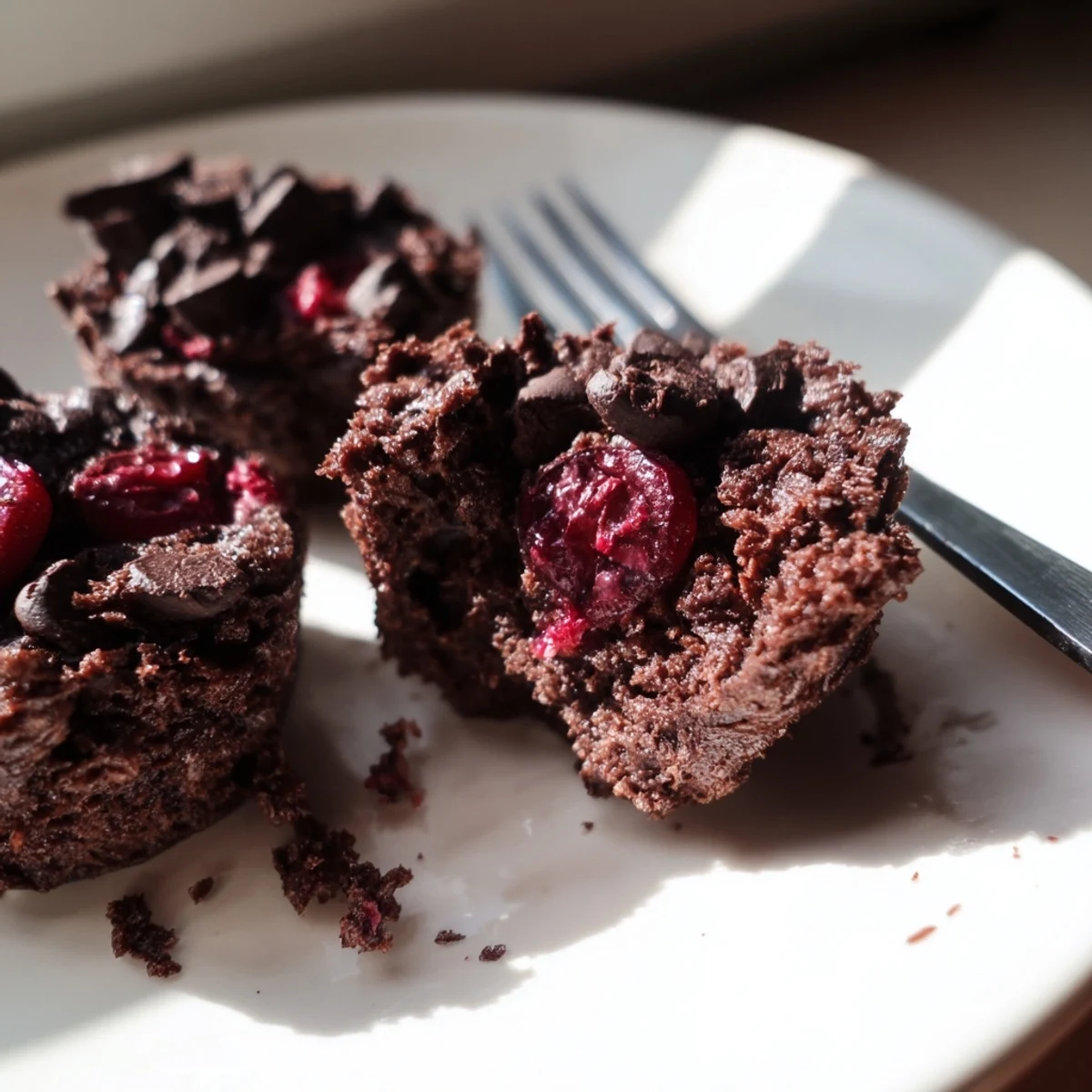 Vibrants Chocolate Cherry Brownie Bites gâteaux-chocolat garnis de cerises juteuses, présentés sur une planche en bois.