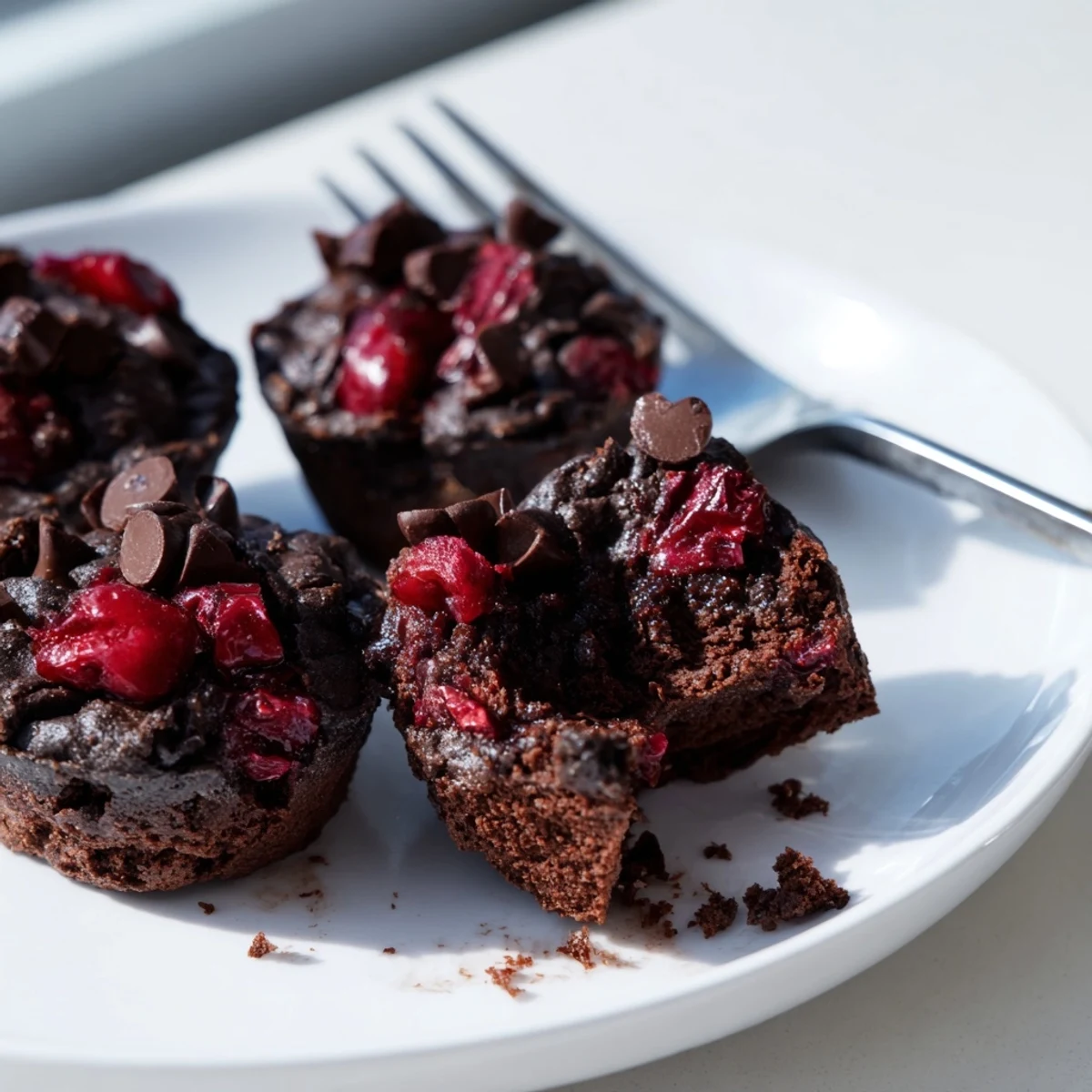 Chocolate Cherry Brownie Bites dorés au four, saupoudrés de sucre glace et nappés de chocolat fondu.