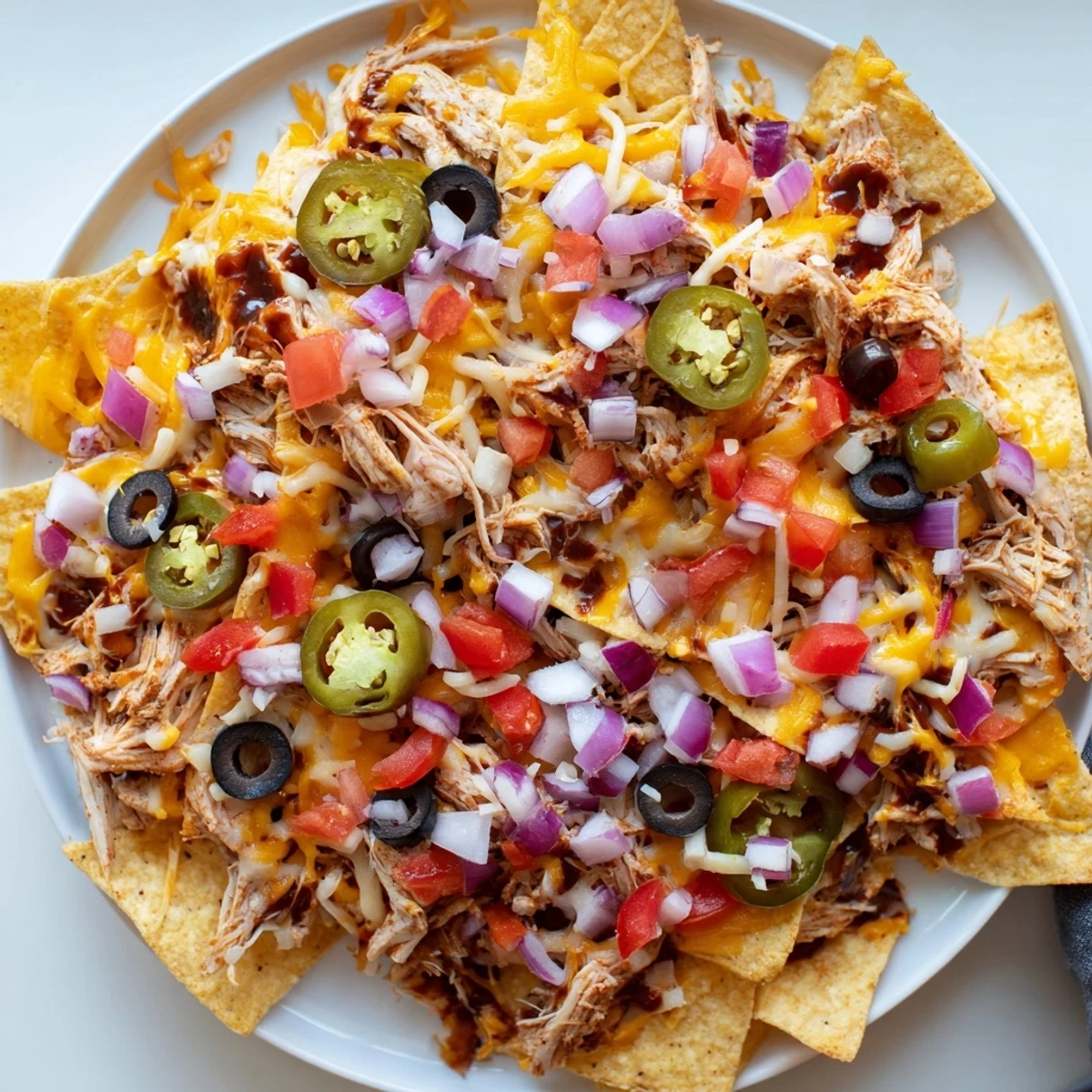 MVP Pulled Chicken Nachos garnis de guacamole, crème aigre, oignons rouges et jalapeños sur un lit de chips dorés.