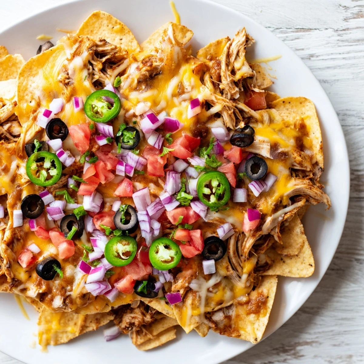 MVP Pulled Chicken Nachos crémeux avec poulet effiloché, queso baveux et tranches de jalapeño, servis avec des quartiers de citron vert.