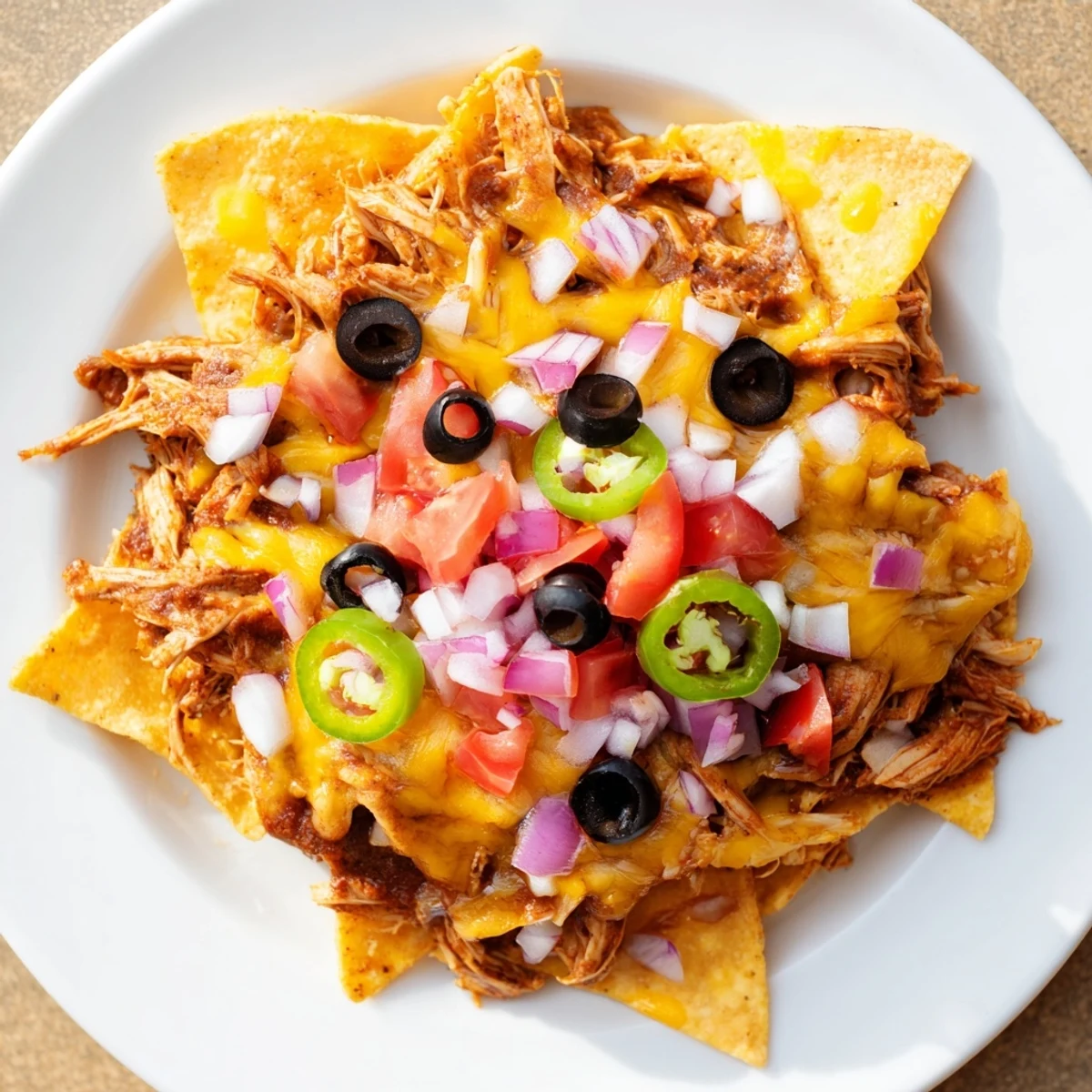 Plat festif de MVP Pulled Chicken Nachos nappé de fromage fondu et de tomatoes juteuses, parfait pour un game day.