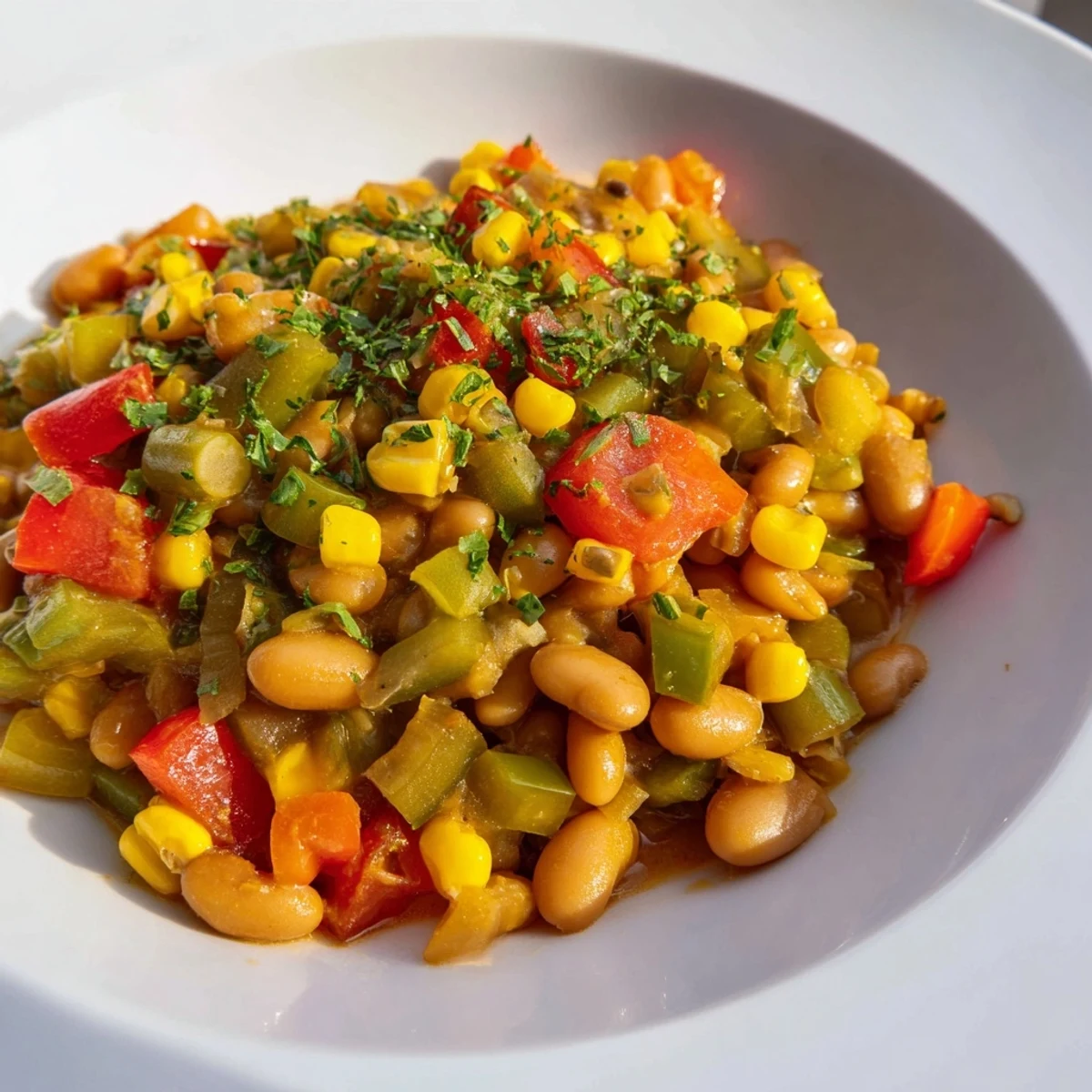 Un plat coloré de Creole Succotash with Lima Beans, avec du maïs sucré et des poivrons, encore fumant dans une poêle.