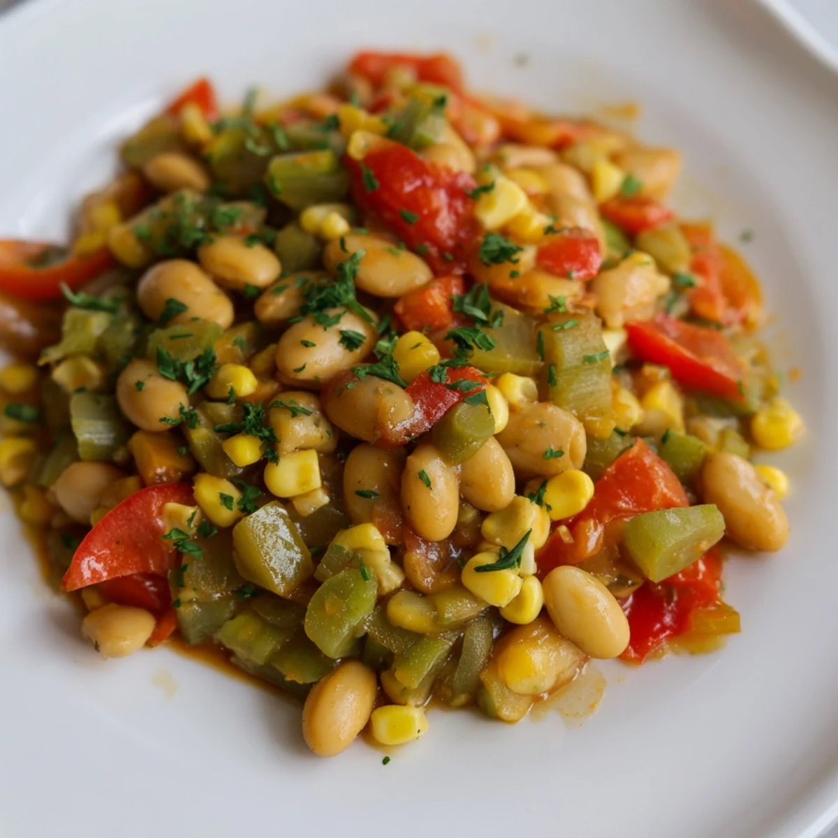 Savoureuse Creole Succotash with Lima Beans, servie tiède avec du persil frais, parfaitement adaptée à un repas du Sud.