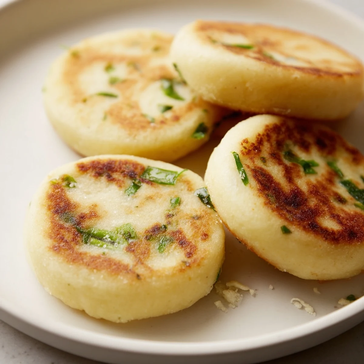Cakes de pommes de terre irlandais aux oignons verts, dorés et croustillants servis avec un filet de crème fraîche.