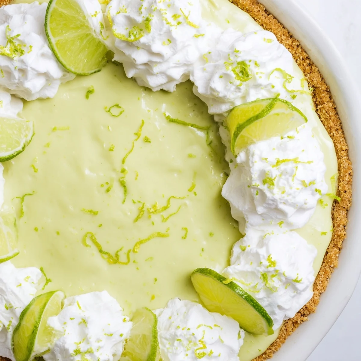 Green Key Lime Pie with Whipped Cream in a white pie dish, topped with fluffy cream and lime zest, perfect for summer. 