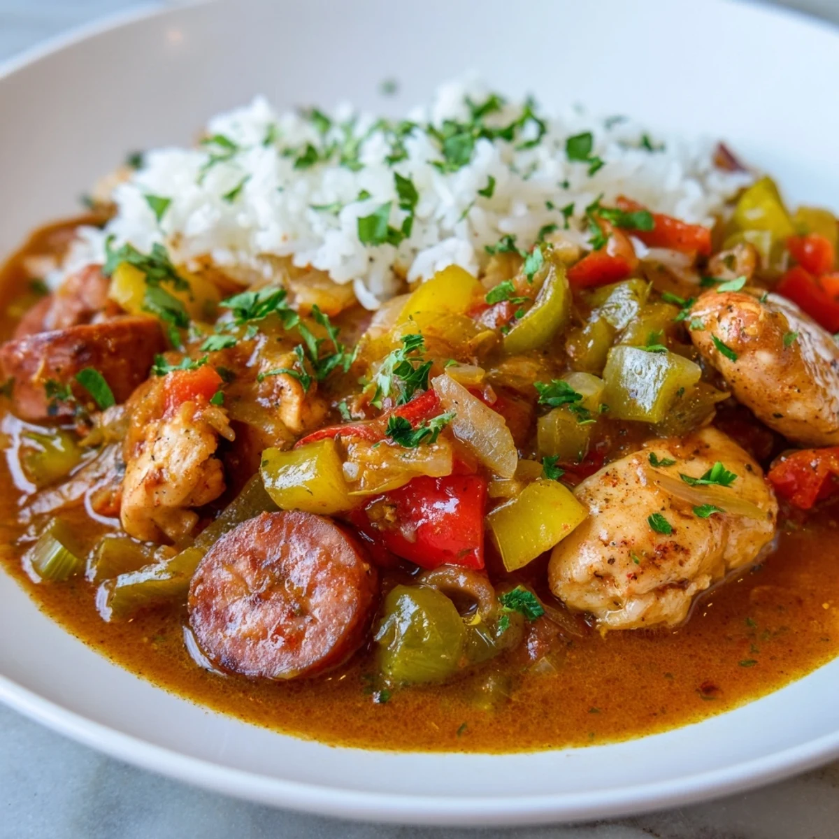 Ce riche ragoût créole maison de Mardi Gras Chicken and Sausage Stew présente saucisse fumée et volaille tendre sur fond de riz blanc