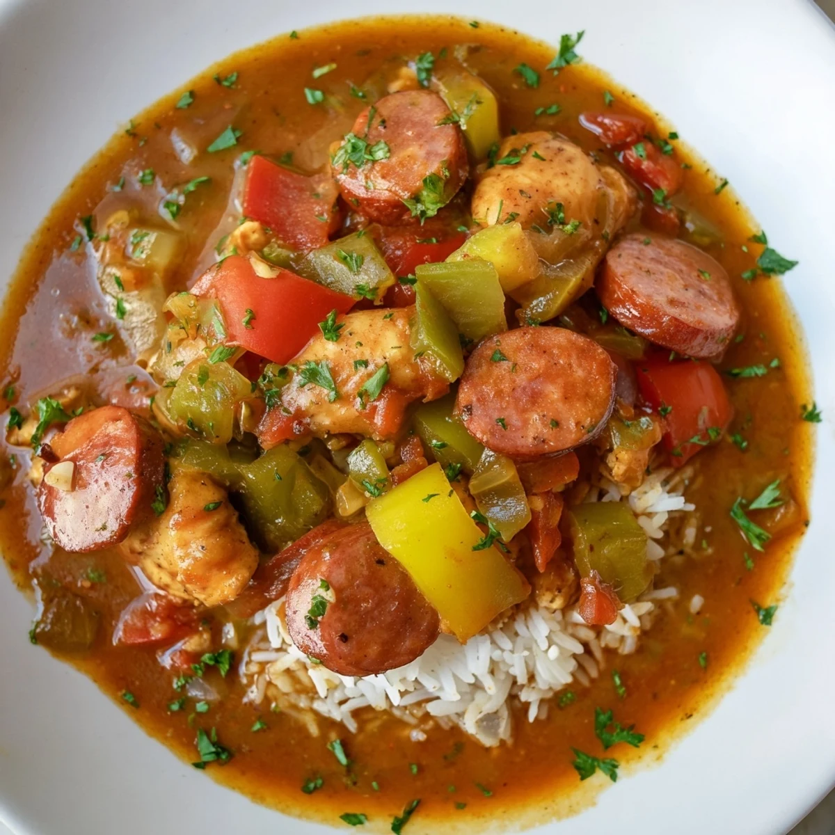 Assiette généreuse de Mardi Gras Chicken and Sausage Stew parfumée à l'Andouille, garnie de persil frais et oignons verts tranchés