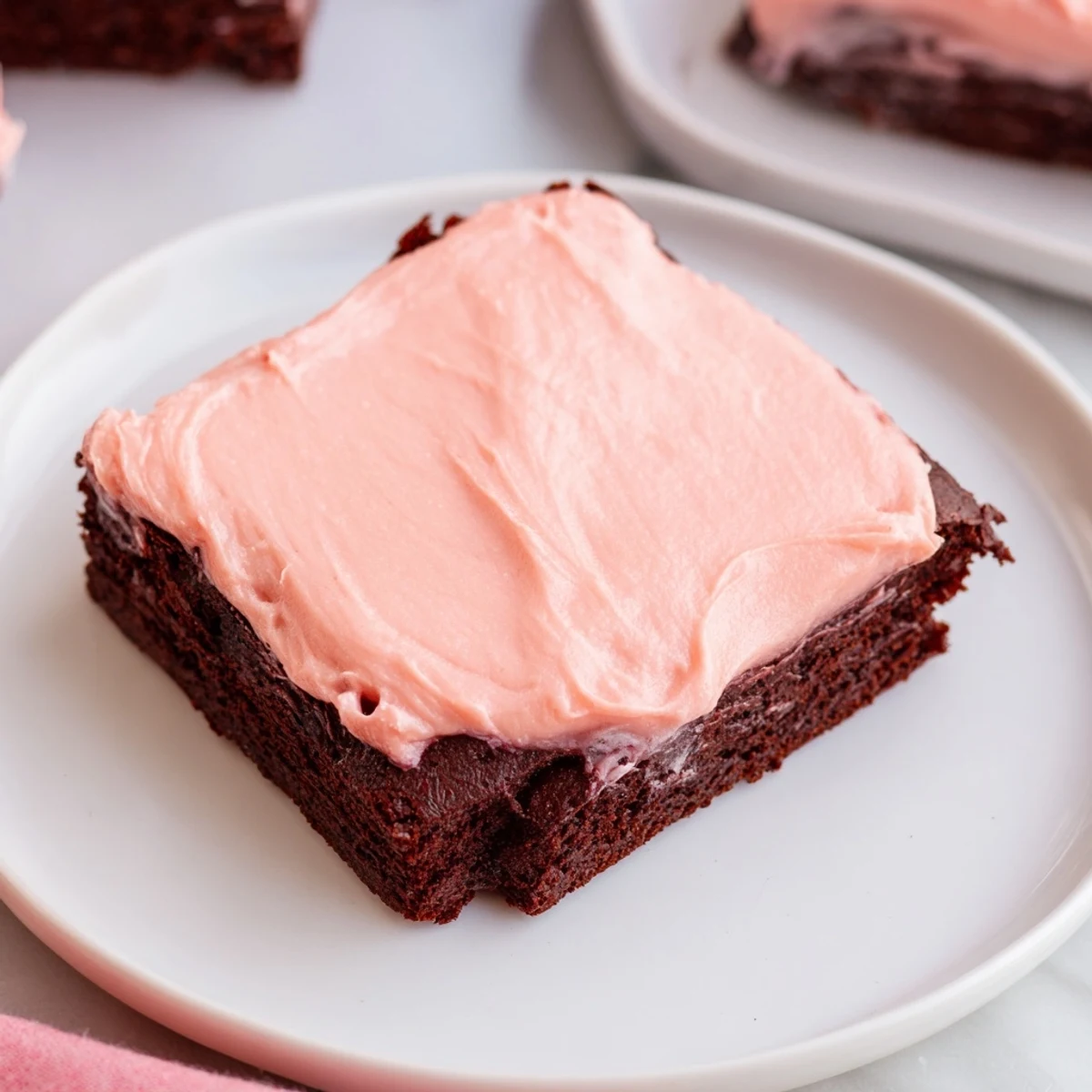 Fudgy brownies with pink frosting on a marble surface, topped with sprinkles for a festive dessert treat.