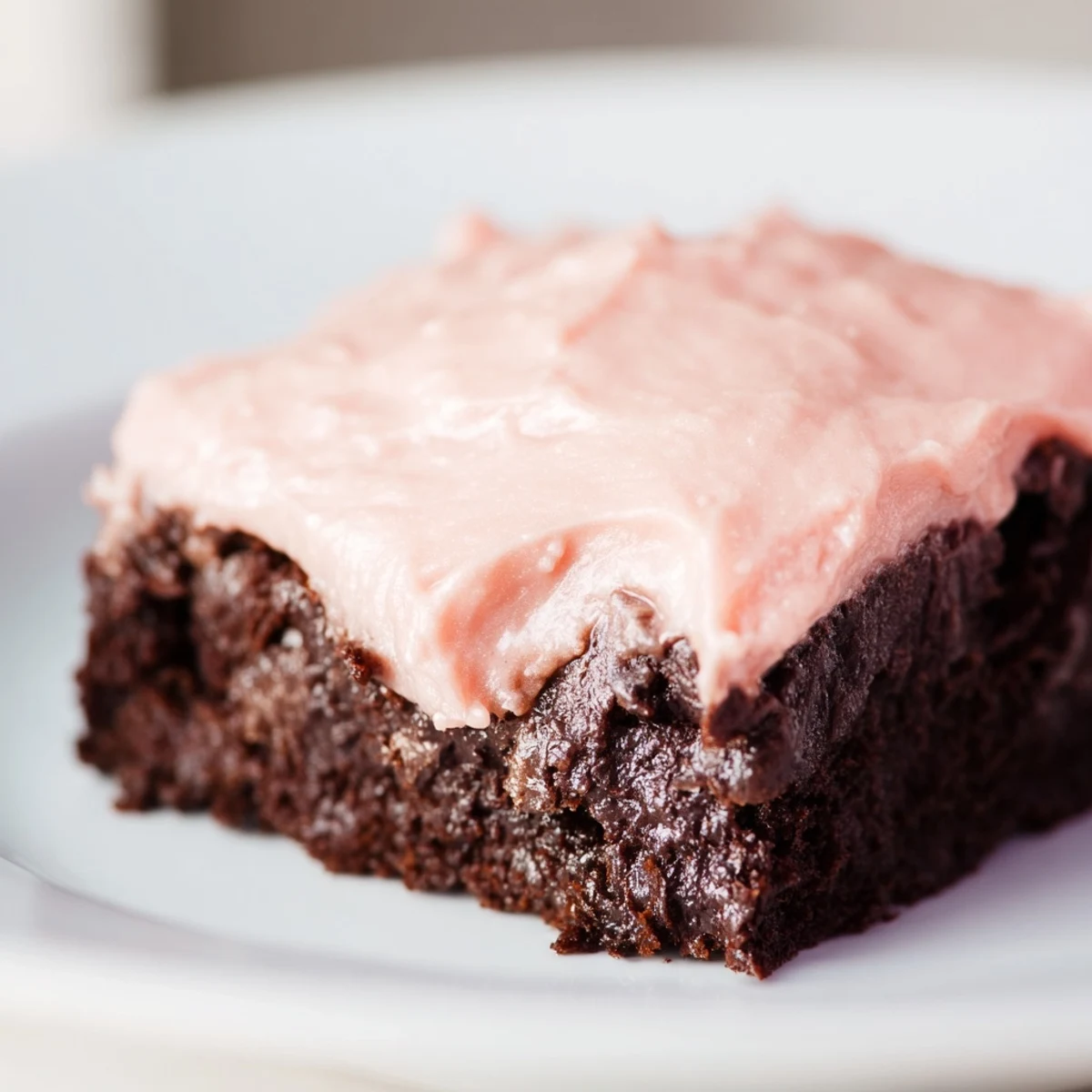 Freshly baked brownies with pink frosting and a slice on a plate, perfect for birthday parties.