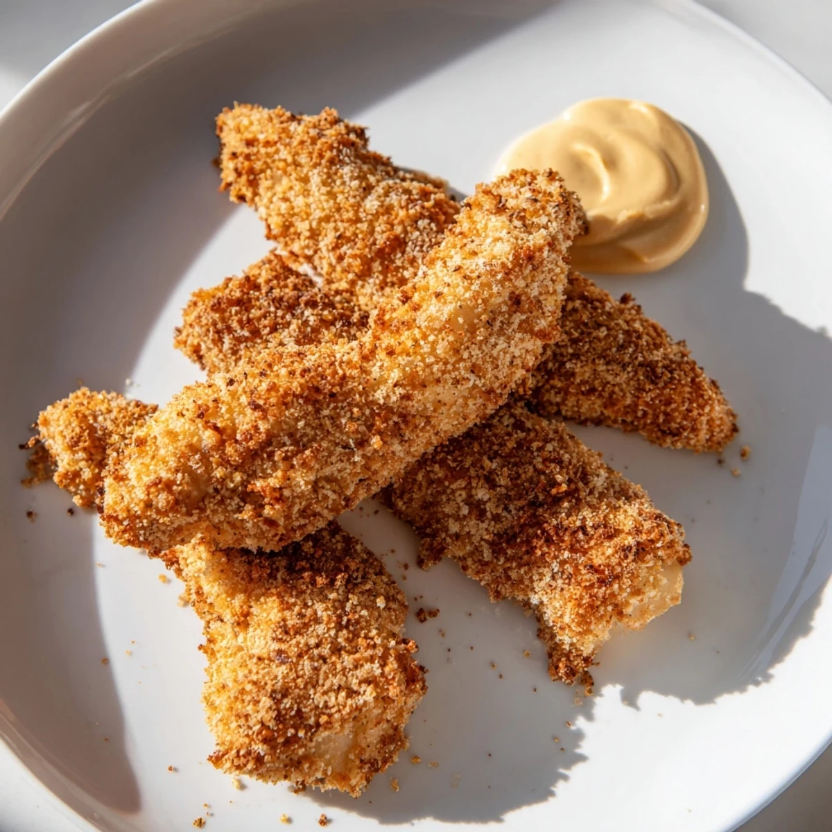Crispy golden chicken tenders coated in panko crumbs, served with honey mustard sauce for dipping.
