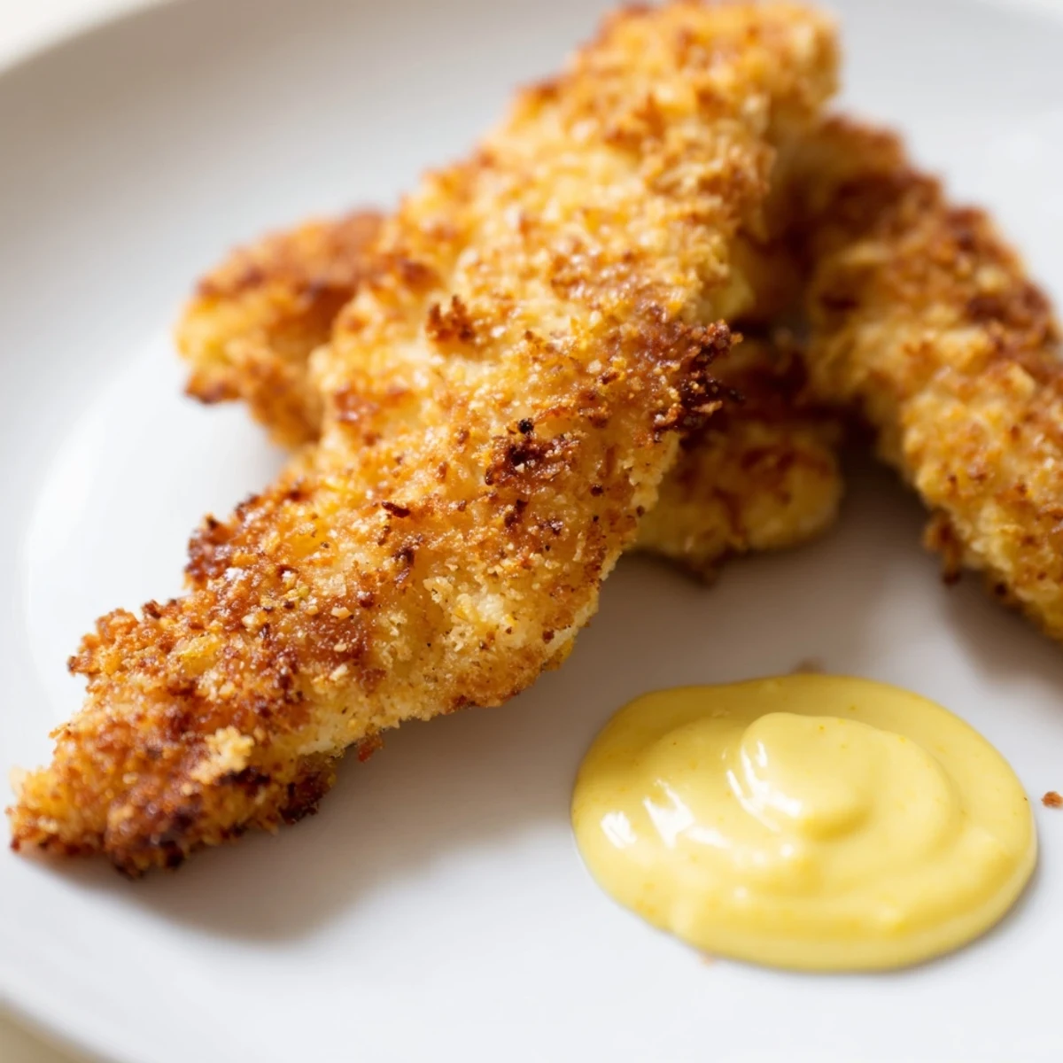 Perfectly fried chicken tenders and creamy honey mustard on a plate, ideal for family dinner.