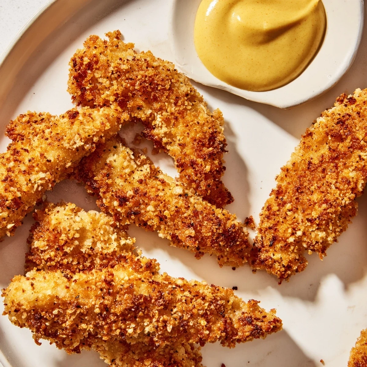 Golden chicken tenders with honey mustard, paired with fresh salad and fries for a complete meal.