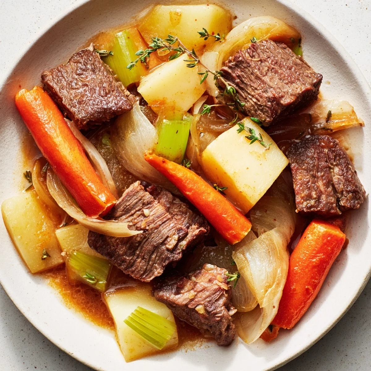 Un bol de Lamb Stew with Root Vegetables, garni de persil frais, avec des carottes et des pommes de terre fondantes dans un bouillon savoureux.